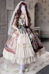 Braunes Versailles Palace Ölgemälde Druck Rüschen Cardigan Bowknot Süßes Elegantes Lolita Jsk Kleid